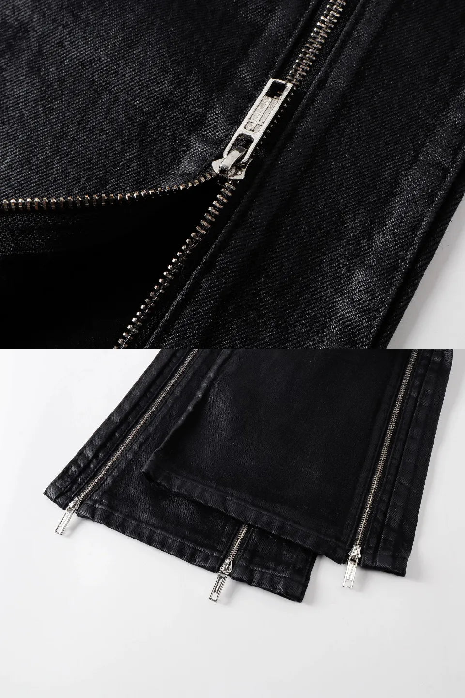Cross Stitch Zip Waxed Denim Flare Pants