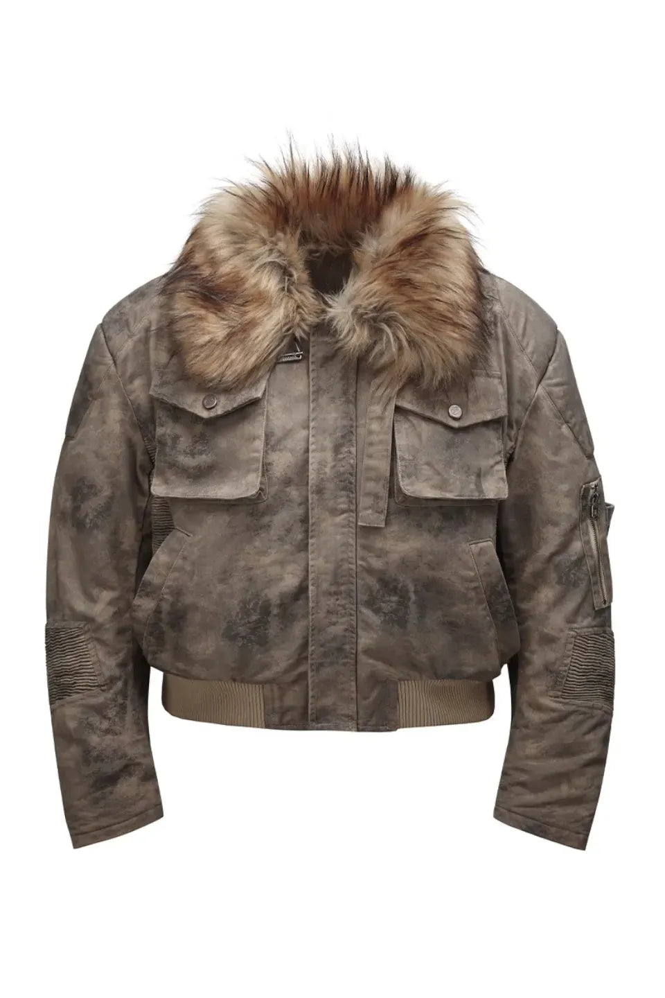 Curved Knife Short Fur Collar Camouflage Bomber Jacket