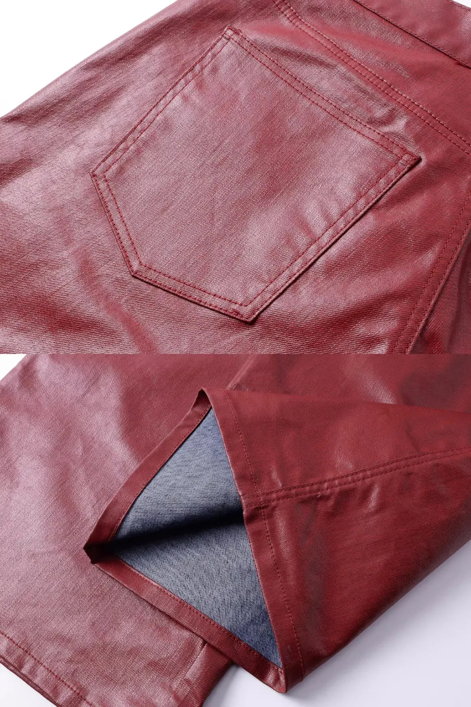 Liquid Metal Red Pants。脚のラインを美しく見せるストレートシルエットと、ウエスト付近のЯЁDロゴのディテール