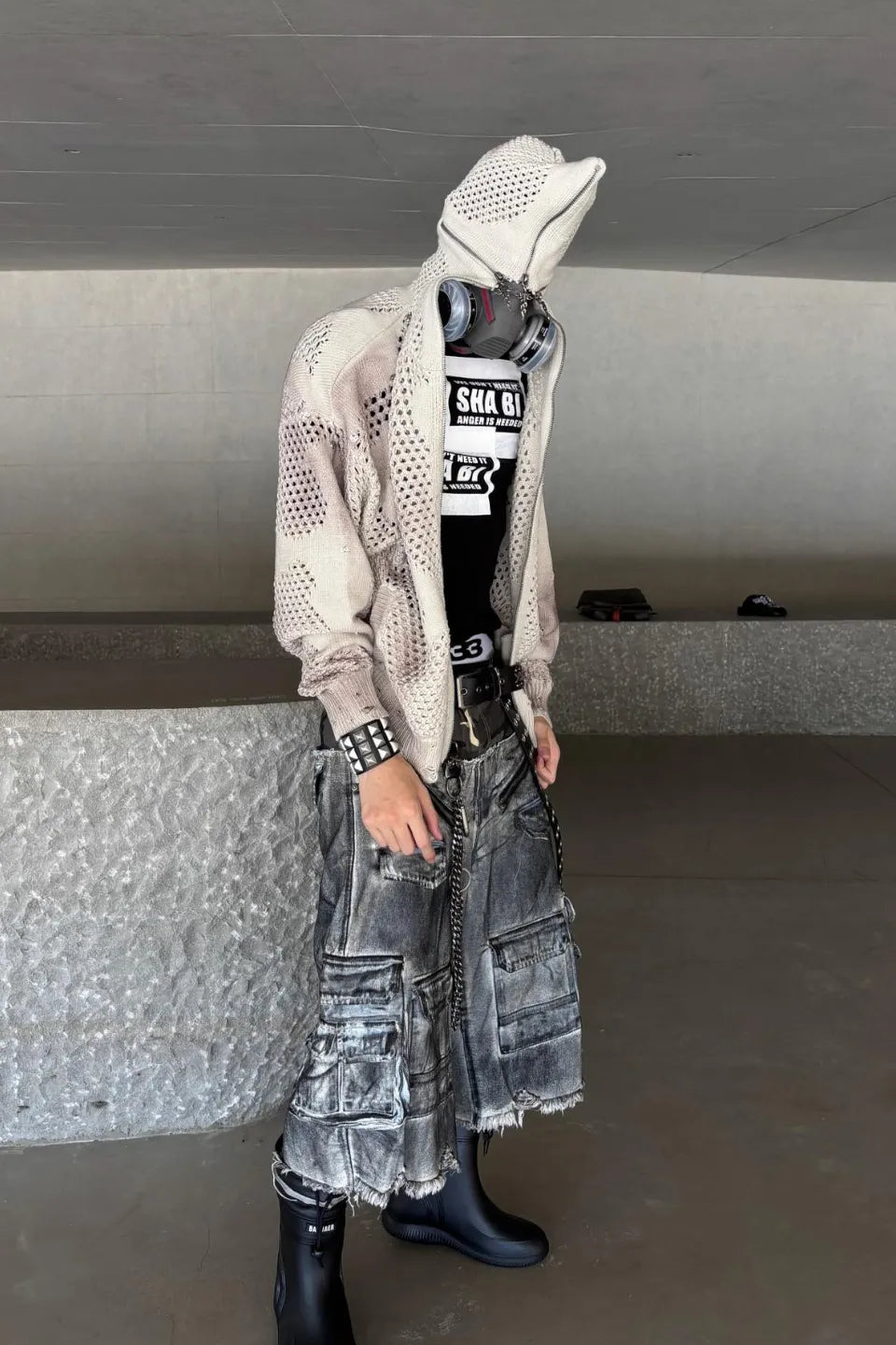 Dark Avant Garde Openwork Knit Hoodie