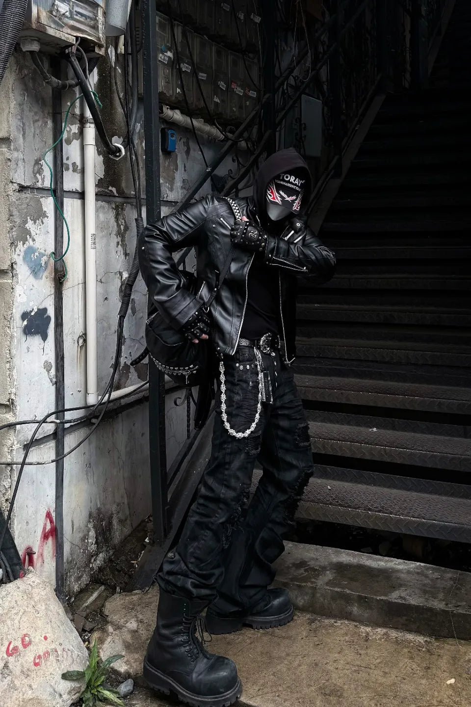 Dark Waxed Curved Biker Jeans