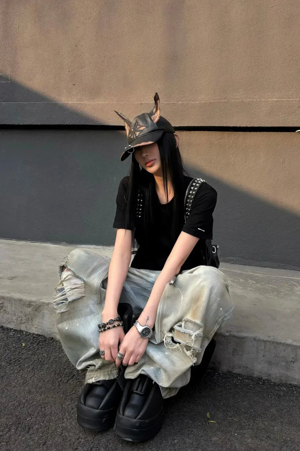 Destroyed PU Patch Double Waistband Jeans
