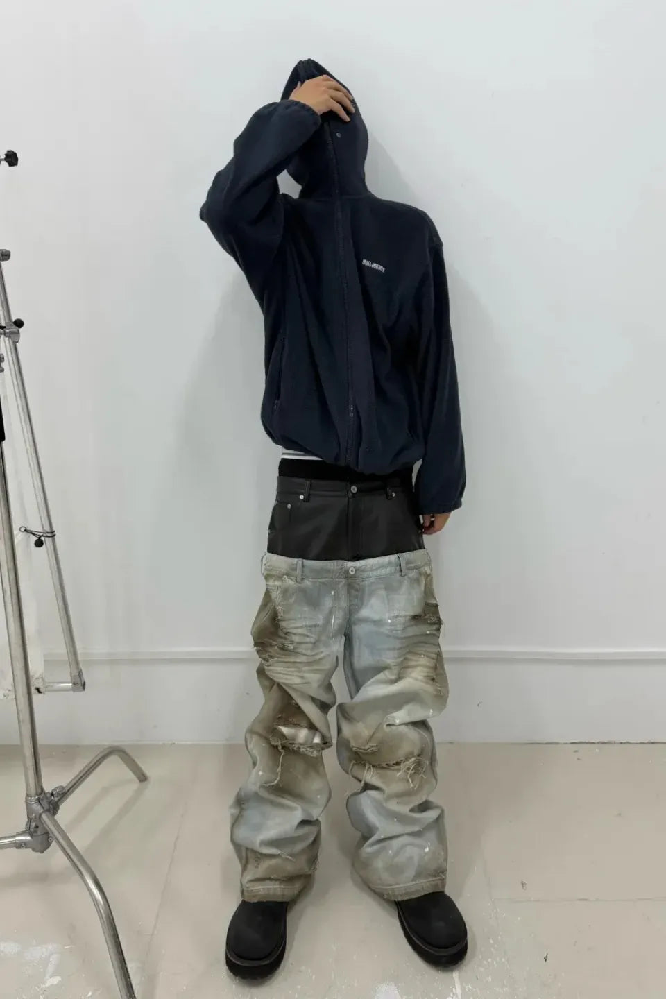 Destroyed PU Patch Double Waistband Jeans
