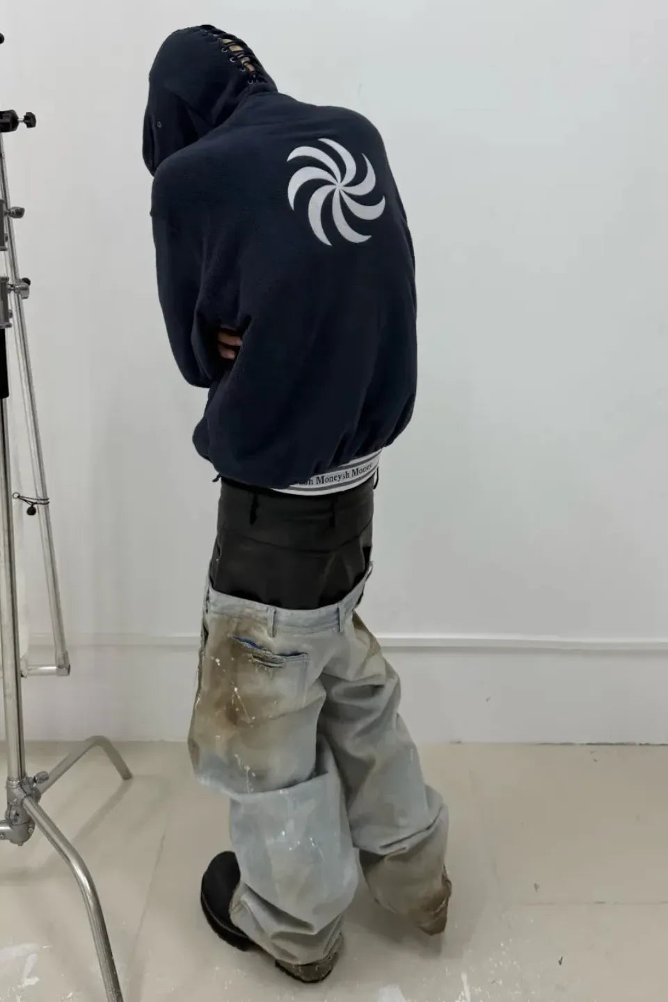 Destroyed PU Patch Double Waistband Jeans