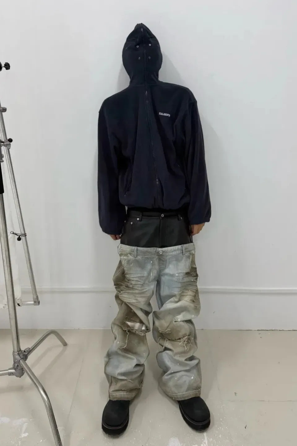Destroyed PU Patch Double Waistband Jeans