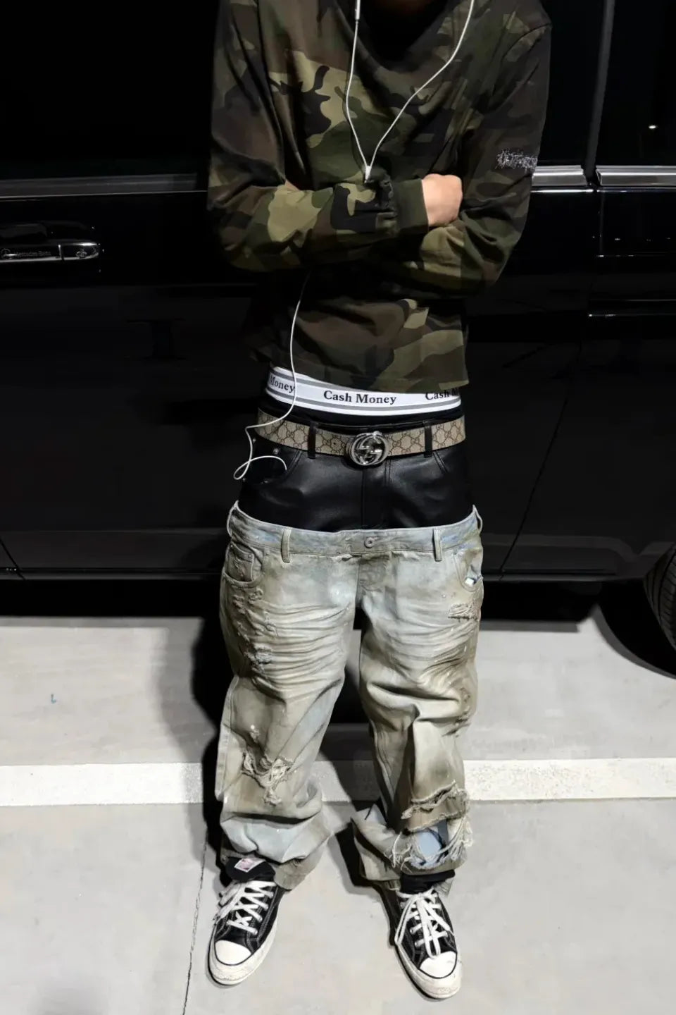 Destroyed PU Patch Double Waistband Jeans