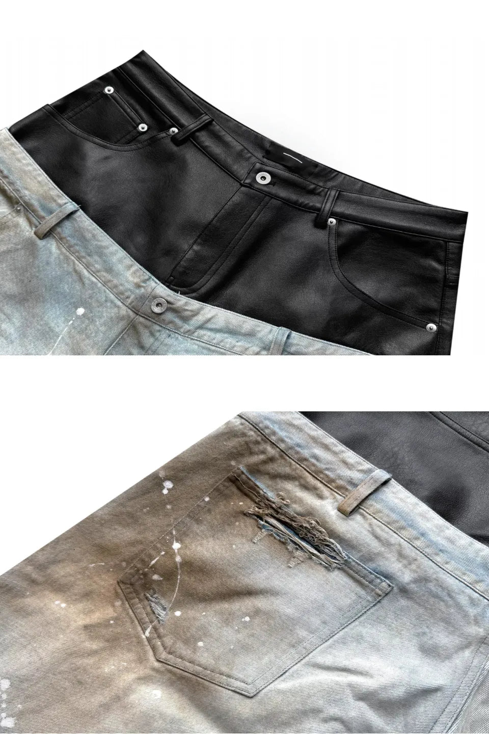 Destroyed PU Patch Double Waistband Jeans
