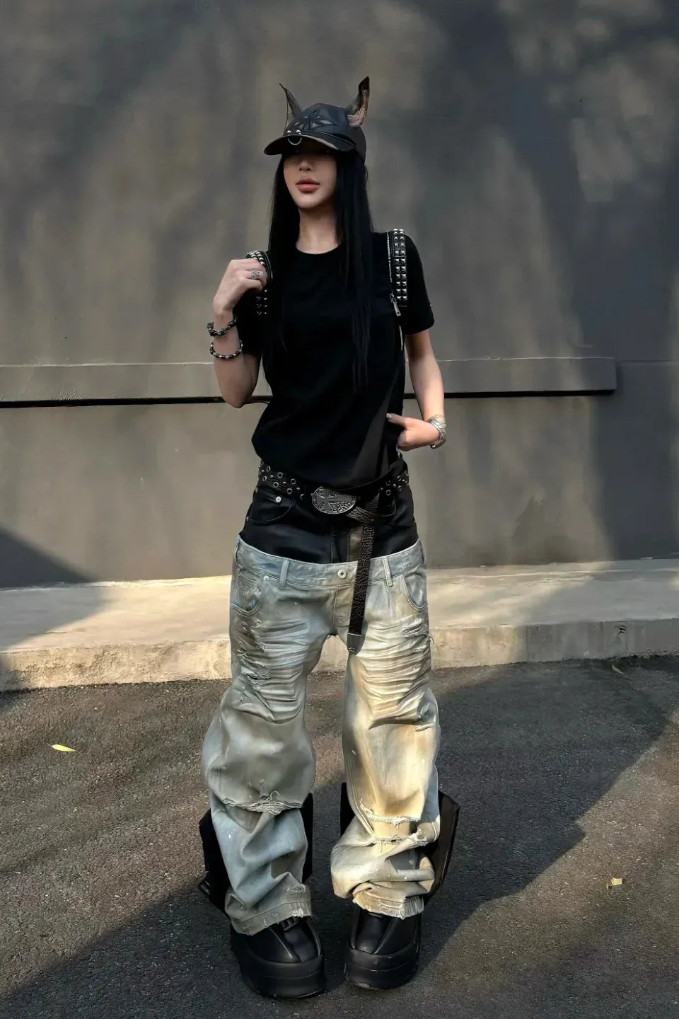 Destroyed PU Patch Double Waistband Jeans