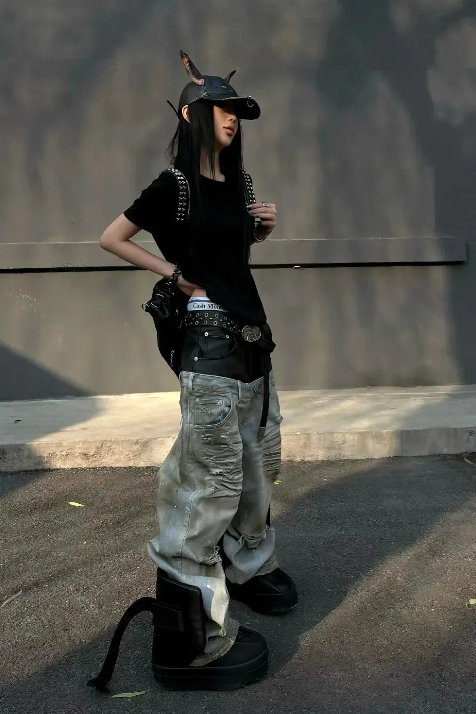 Destroyed PU Patch Double Waistband Jeans