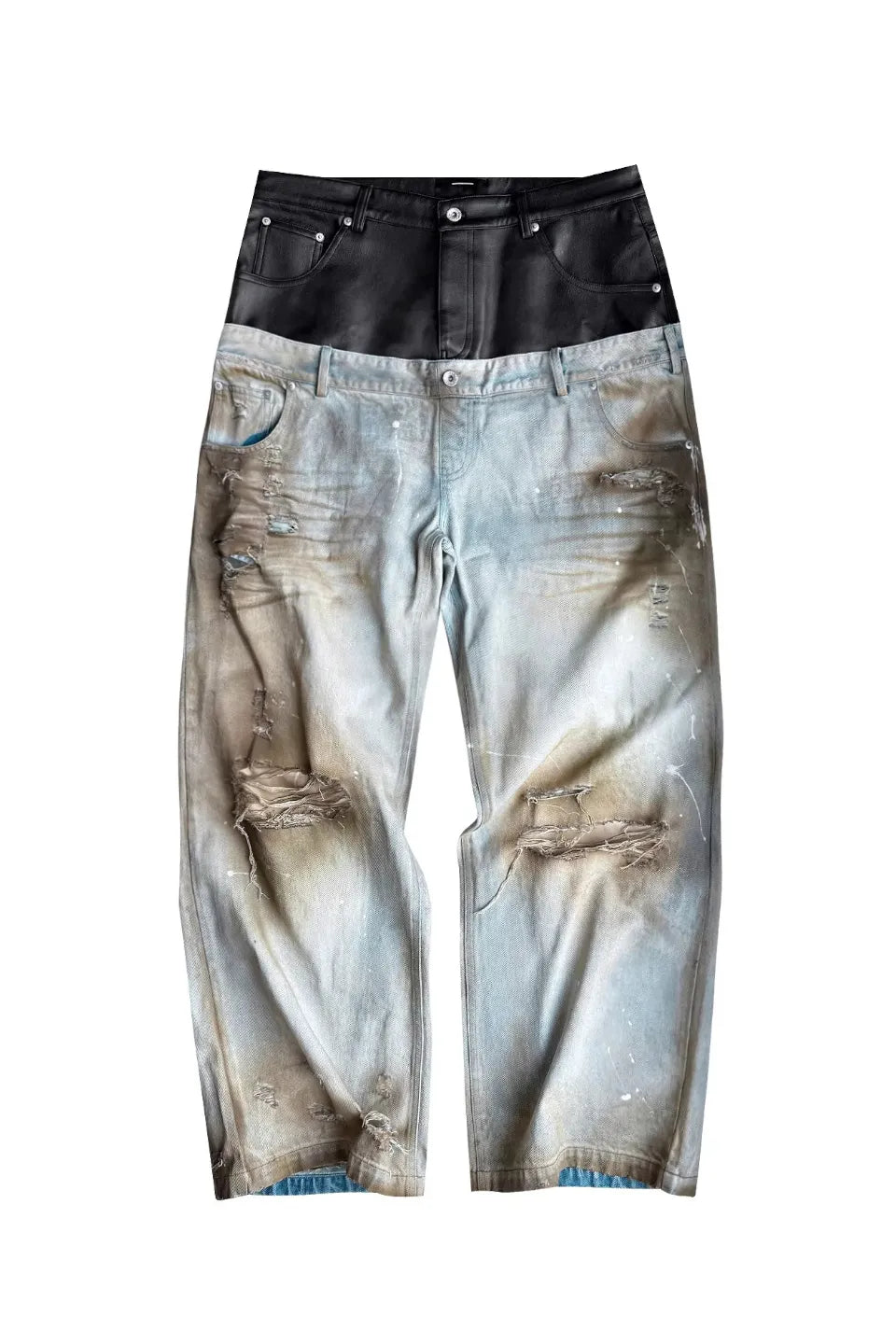 Destroyed PU Patch Double Waistband Jeans