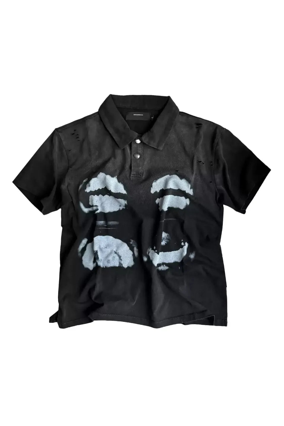 CINDER VEIN Destroyed X Ray Print Polo Shirt - フロントにレントゲン骨格プリントと襟元にダメージ加工を施したブラックポロシャツ