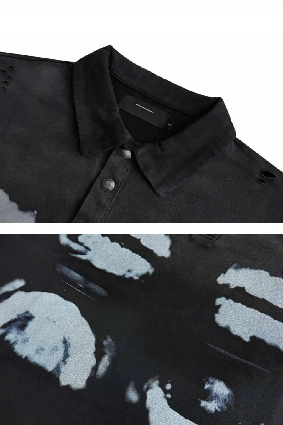 CINDER VEIN Destroyed X Ray Print Polo Shirt - フロントにレントゲン骨格プリントと襟元にダメージ加工を施したブラックポロシャツ