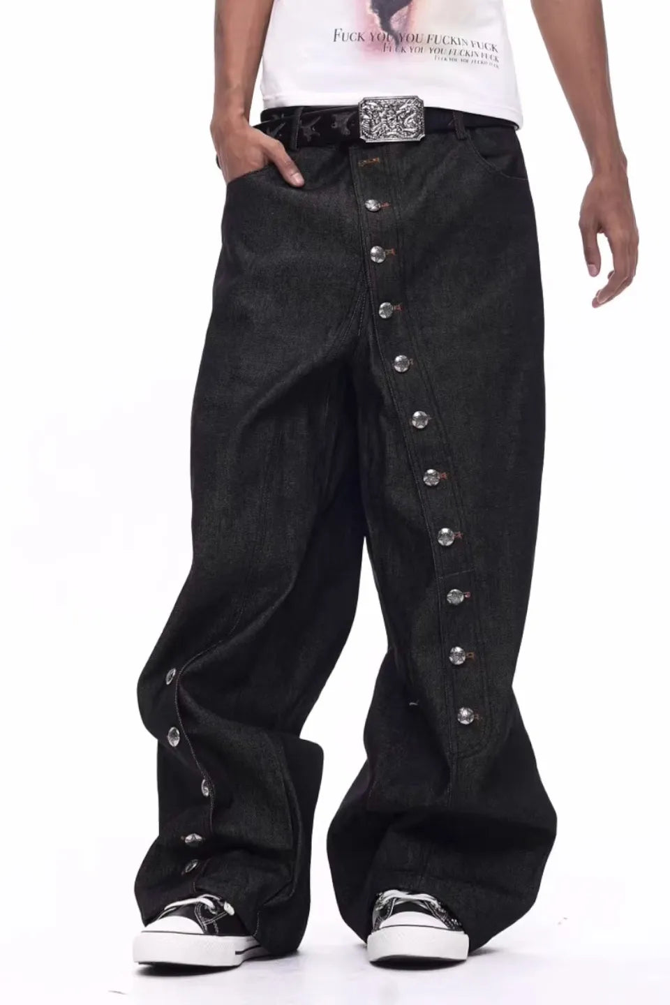 Diagonal Button Fly Raw Denim