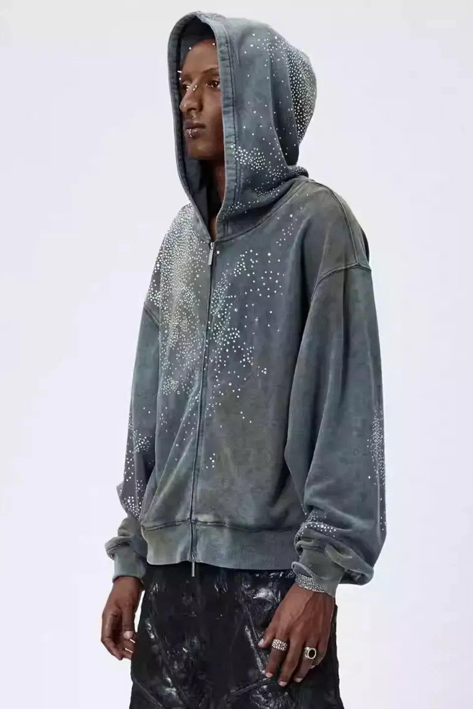 Diamond Distressed Zip Up Hoodie