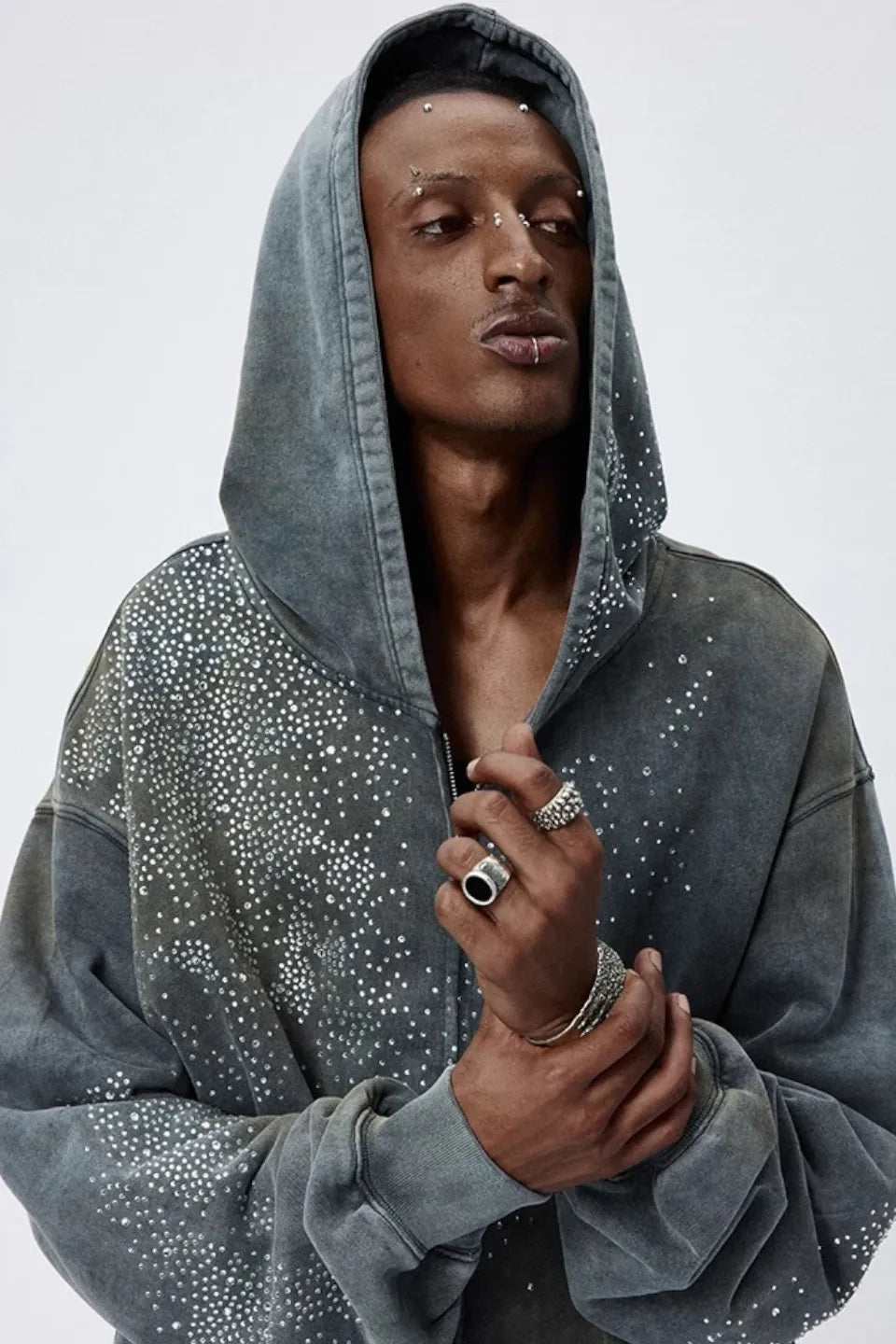Diamond Distressed Zip Up Hoodie
