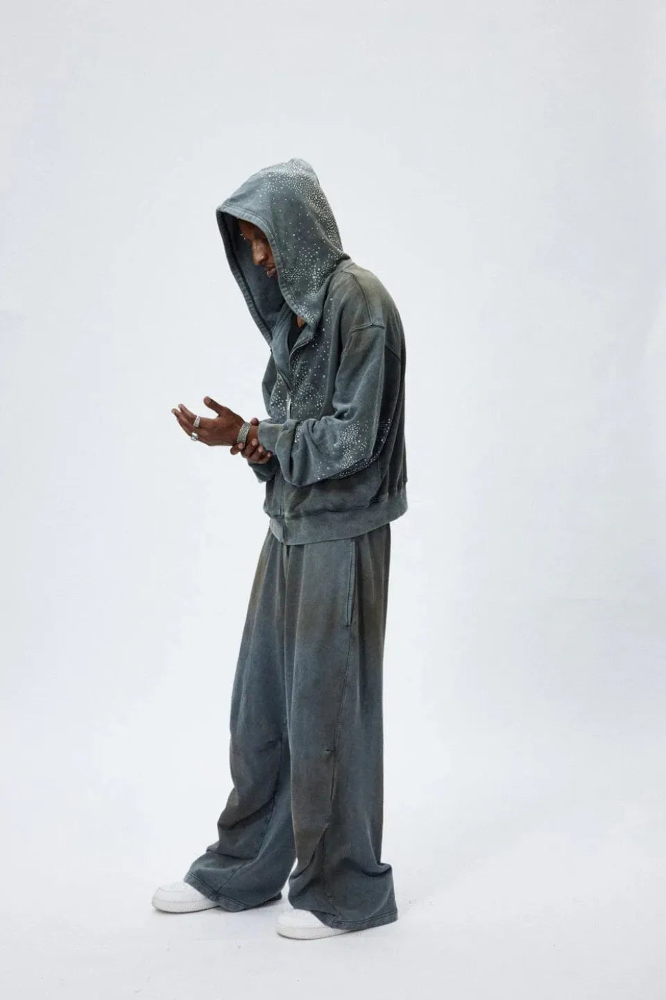 Diamond Distressed Zip Up Hoodie