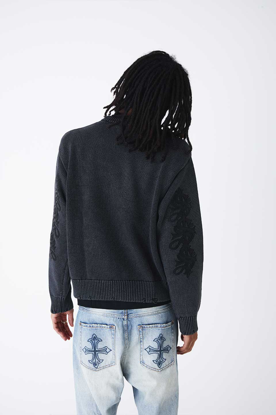 Distressed Cross Leather Patch Crew Knit