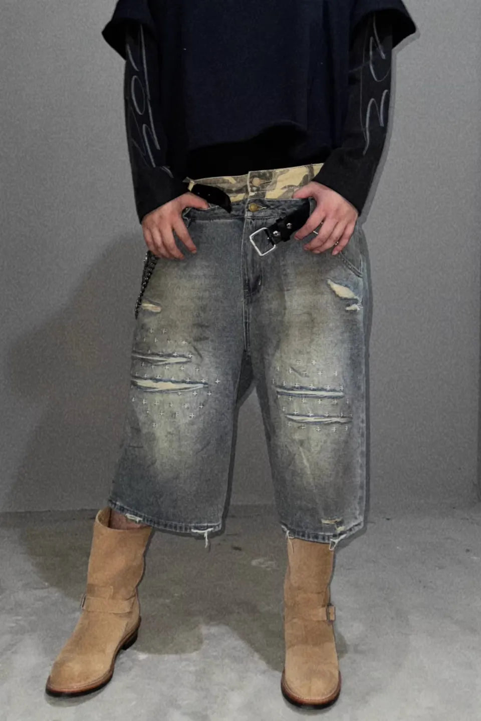 Distressed Double Layer Denim Shorts