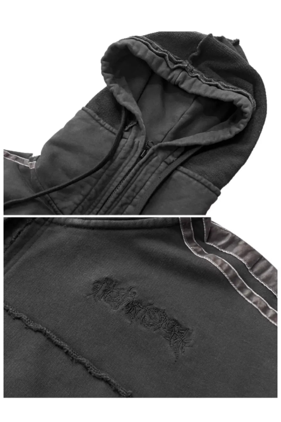 Distressed Draw String Zip Up Hoodie