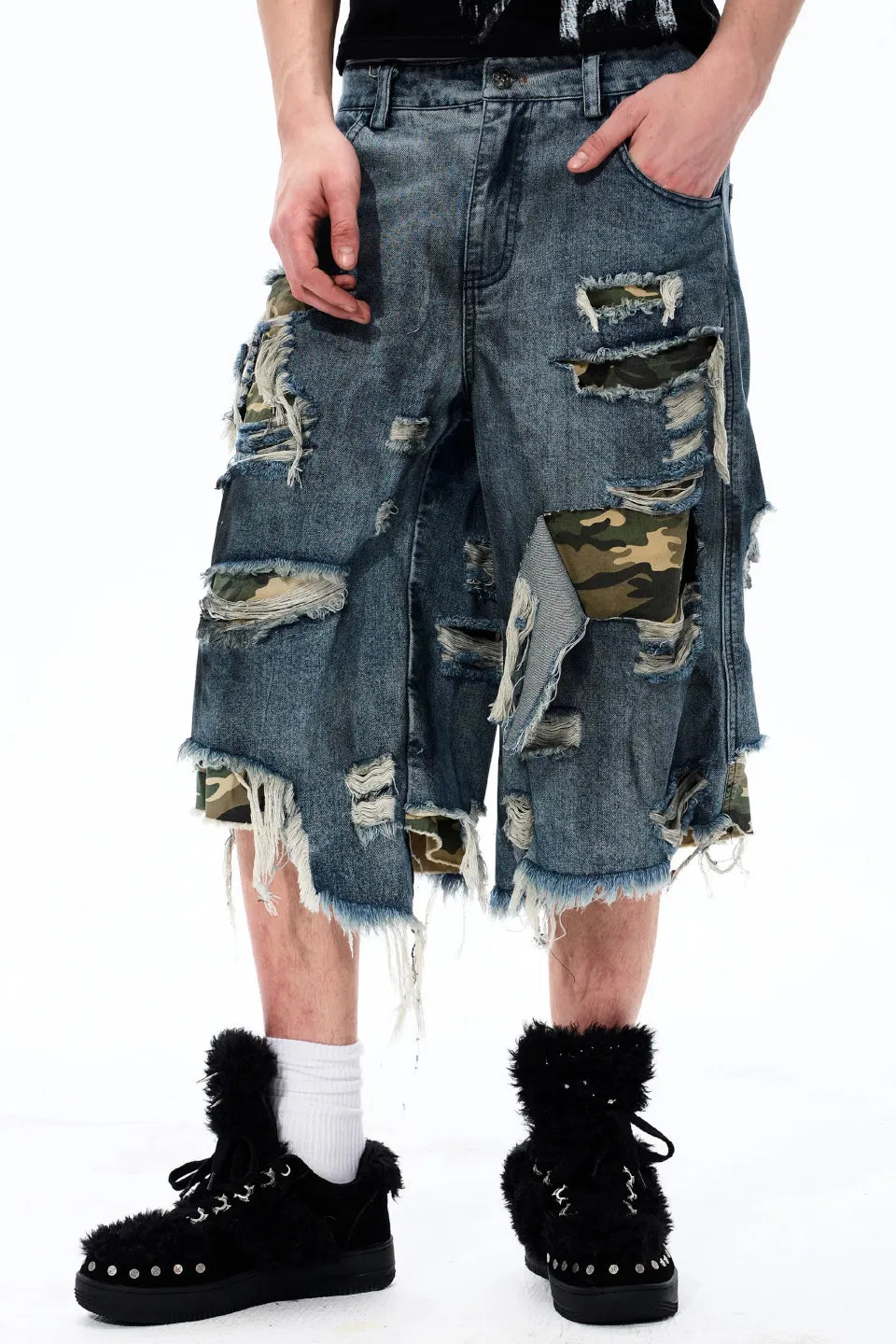 Distressed Layered Woodland Camo Shorts