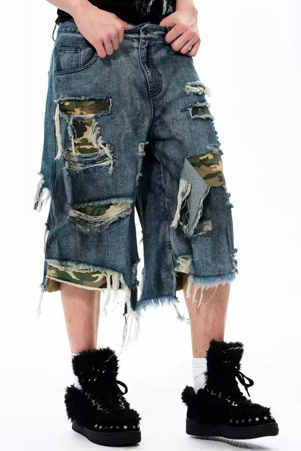 Distressed Layered Woodland Camo Shorts