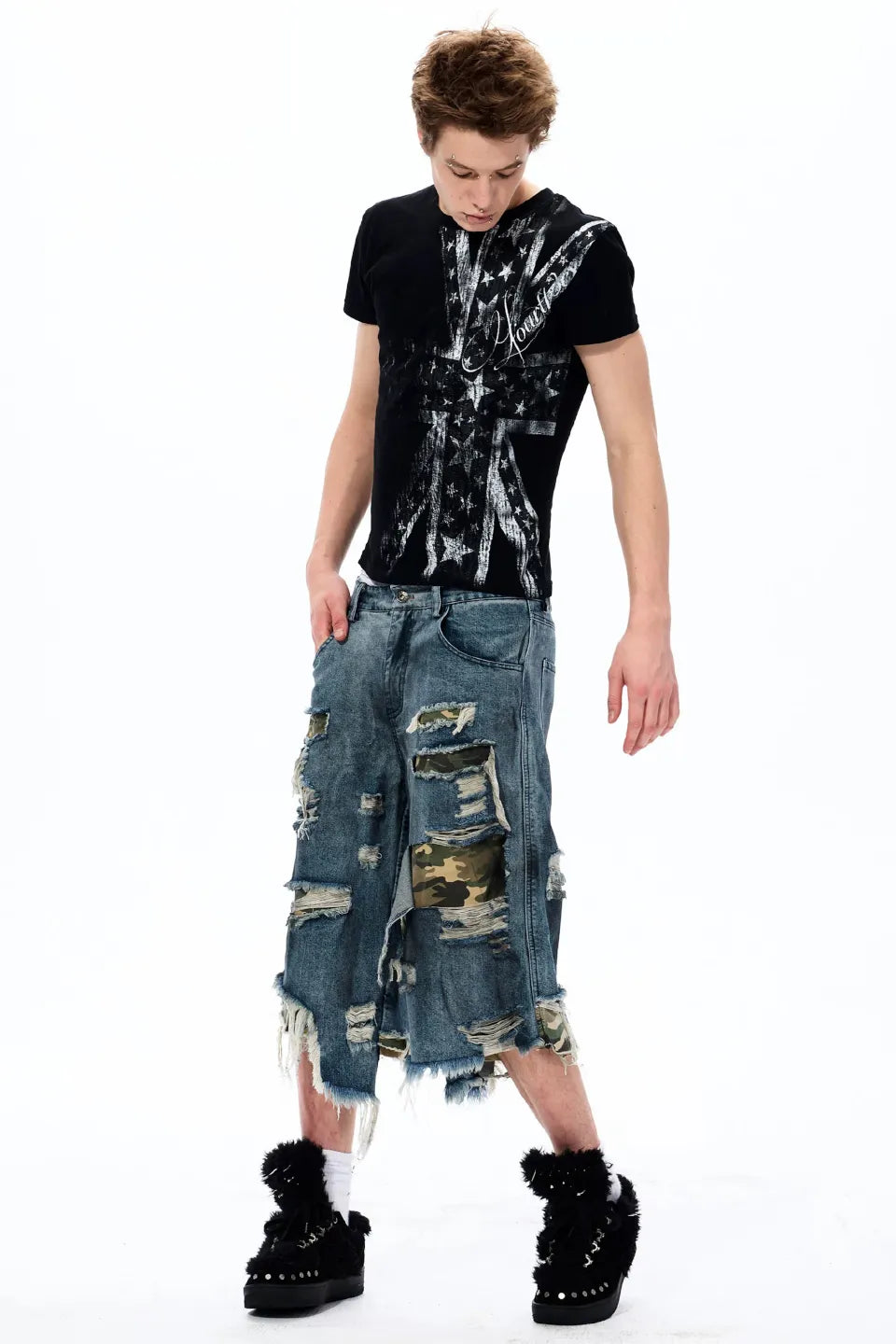 Distressed Layered Woodland Camo Shorts