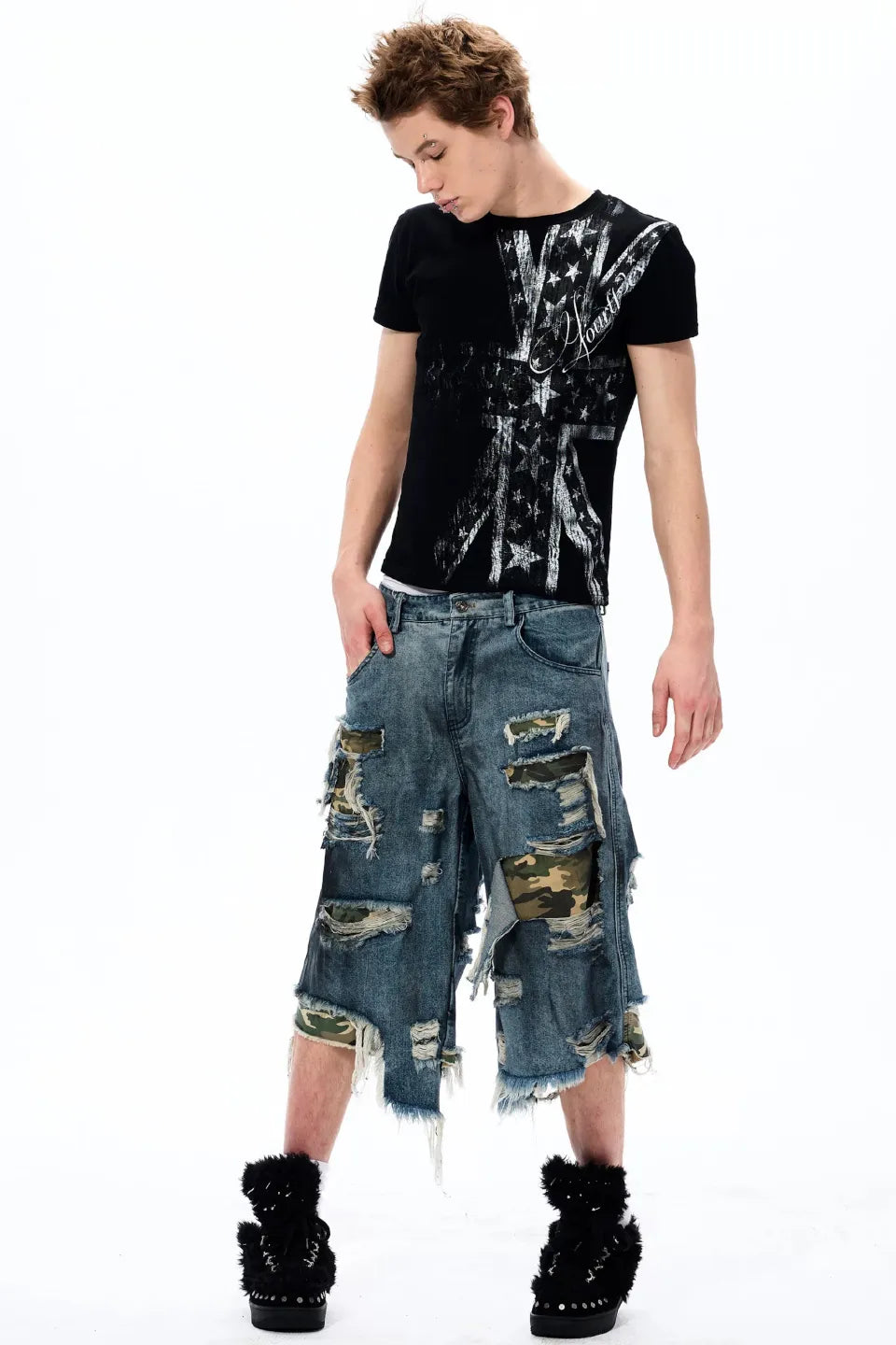 Distressed Layered Woodland Camo Shorts