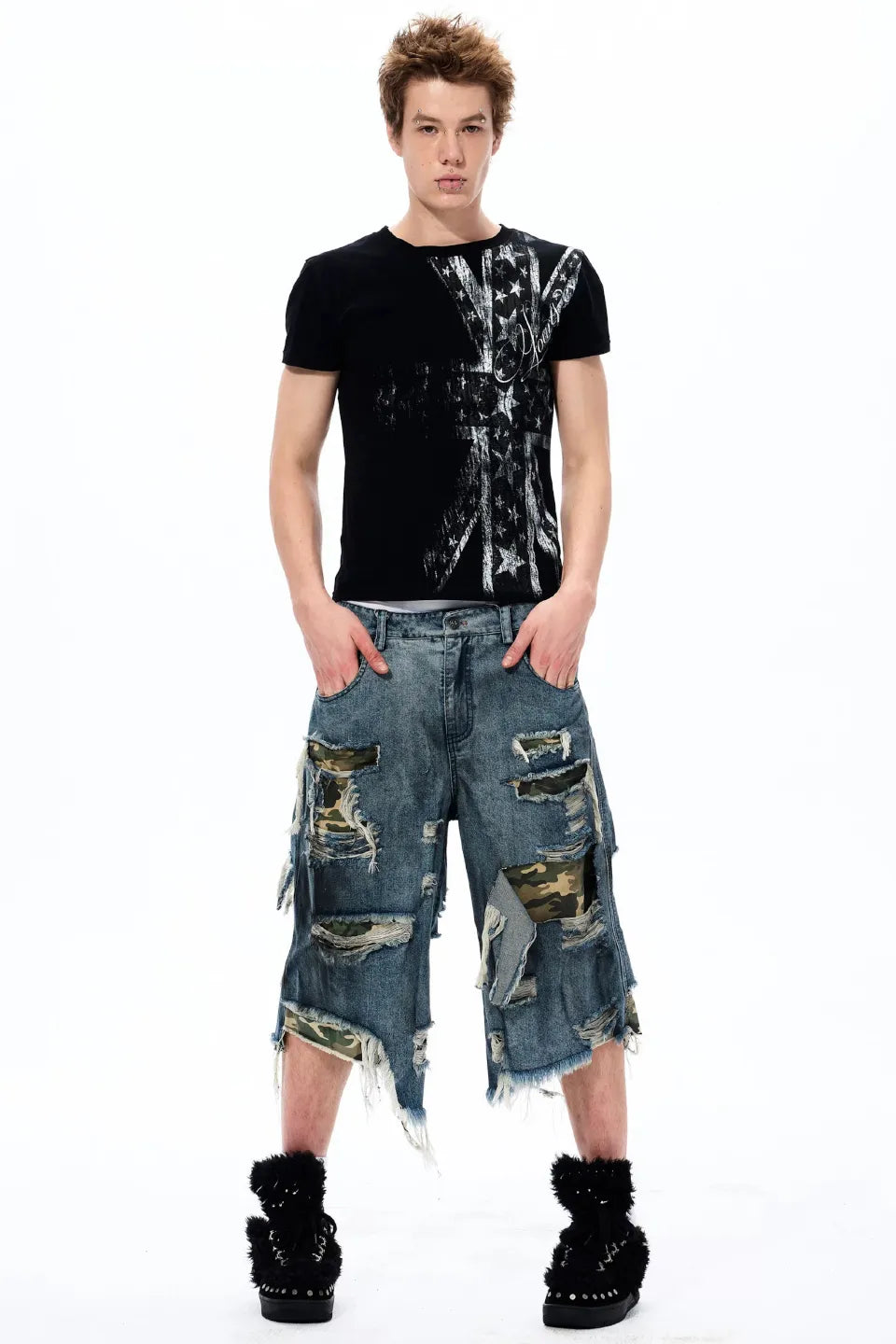 Distressed Layered Woodland Camo Shorts