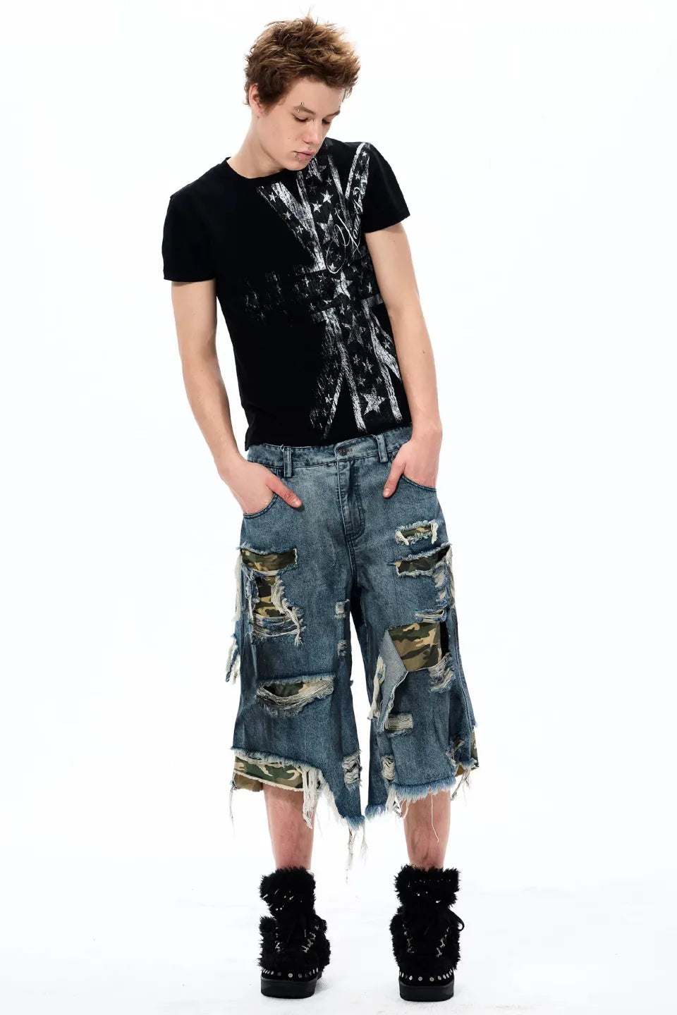 Distressed Layered Woodland Camo Shorts