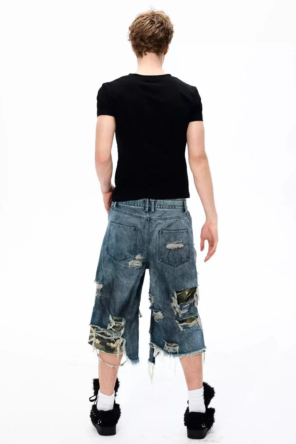 Distressed Layered Woodland Camo Shorts