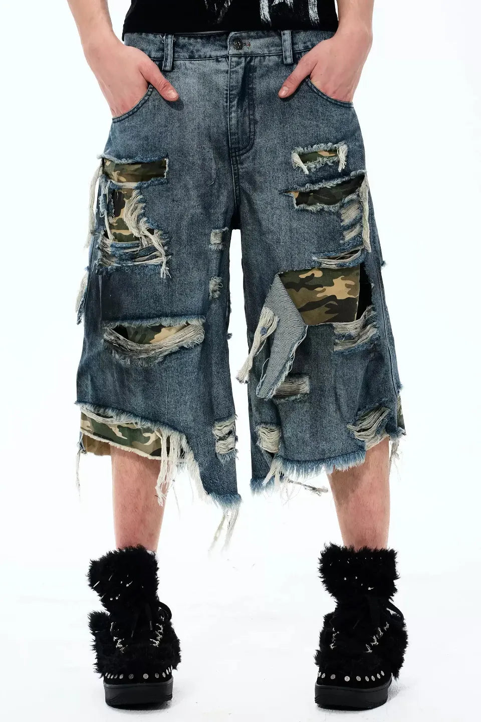 Distressed Layered Woodland Camo Shorts
