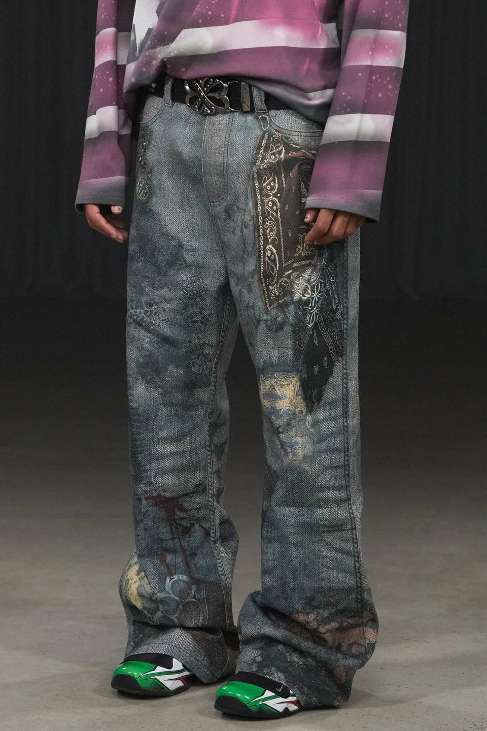 Distressed Paisley Bandana Flared Pants