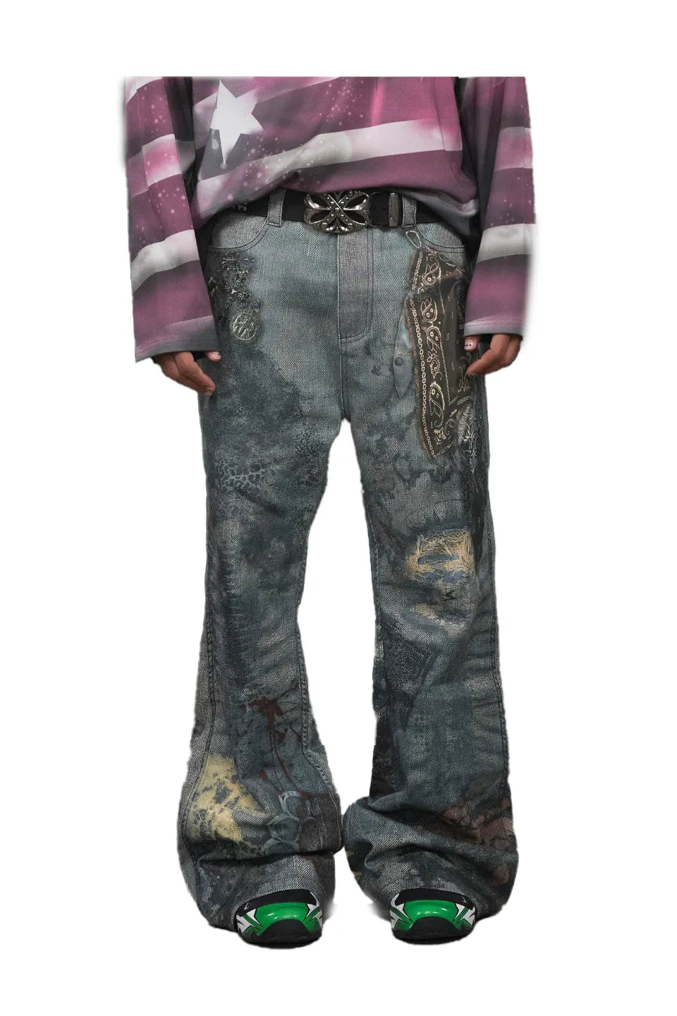 Distressed Paisley Bandana Flared Pants