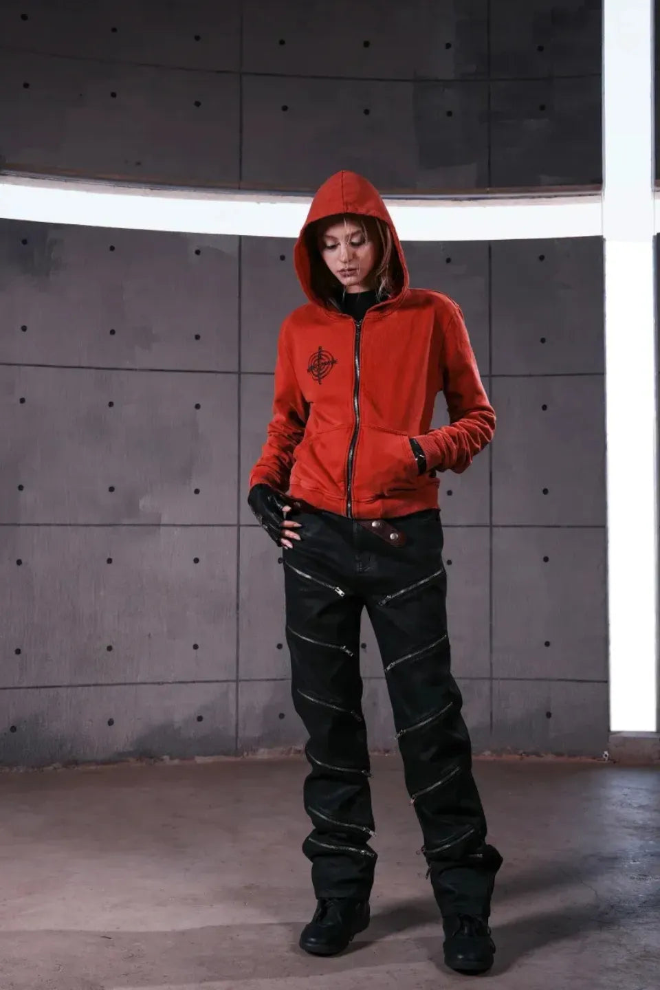 Distressed Red Zip Up Hoodie