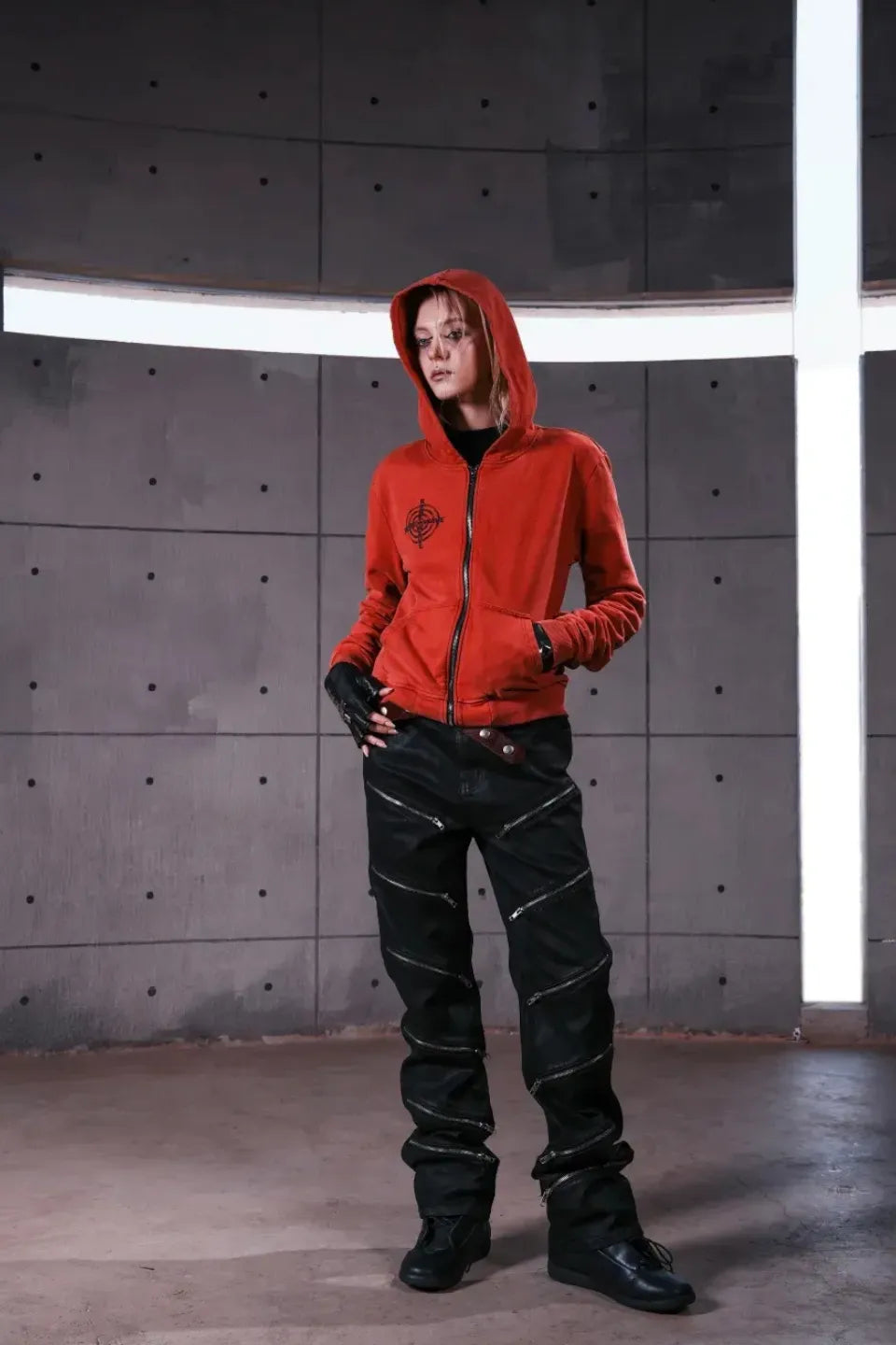 Distressed Red Zip Up Hoodie