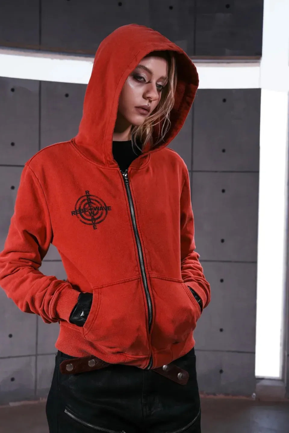 Distressed Red Zip Up Hoodie