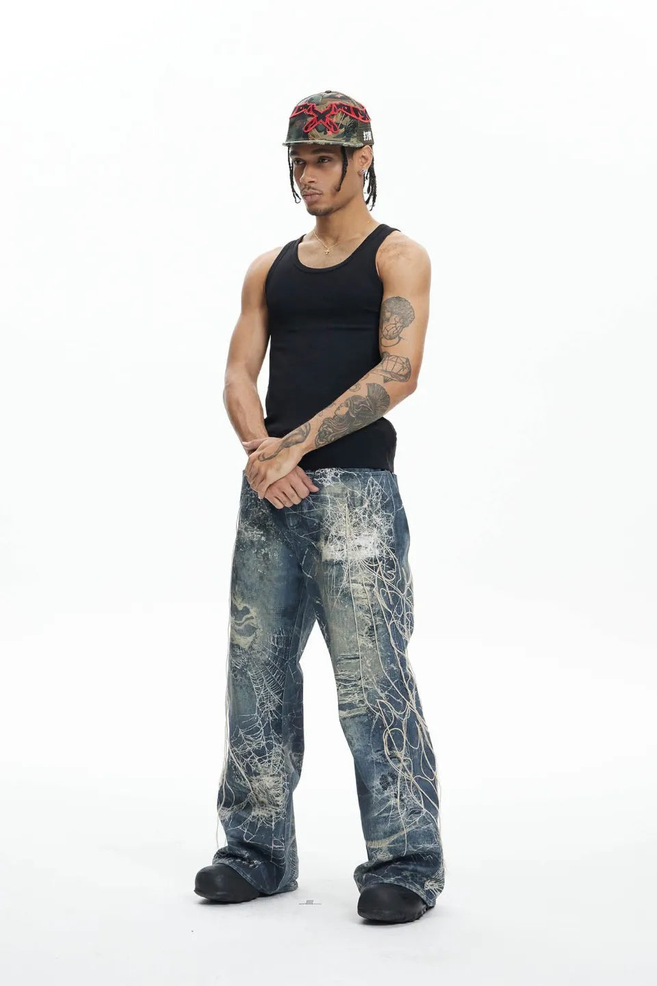 国内で当店のみ DND4DES - Distressed Spider Web Embroidered DND4DES Distressed Spider Web Embroidered Jeans