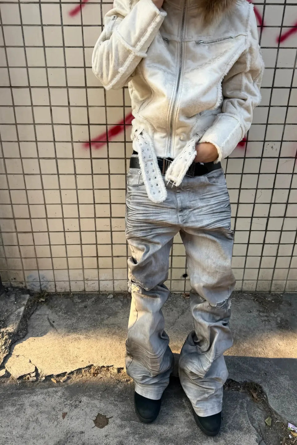 Distressed Waxed Paint Jeans