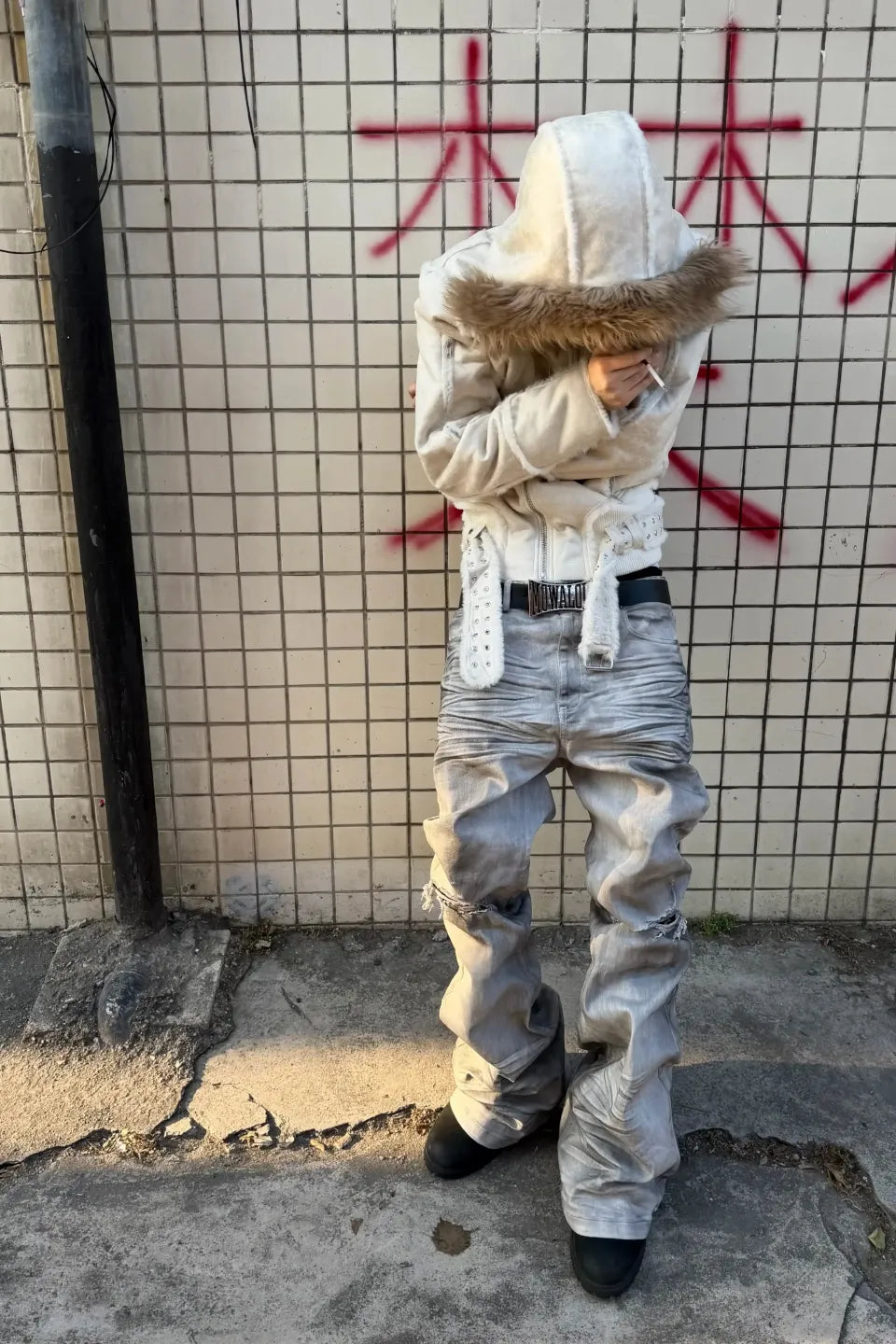 Distressed Waxed Paint Jeans