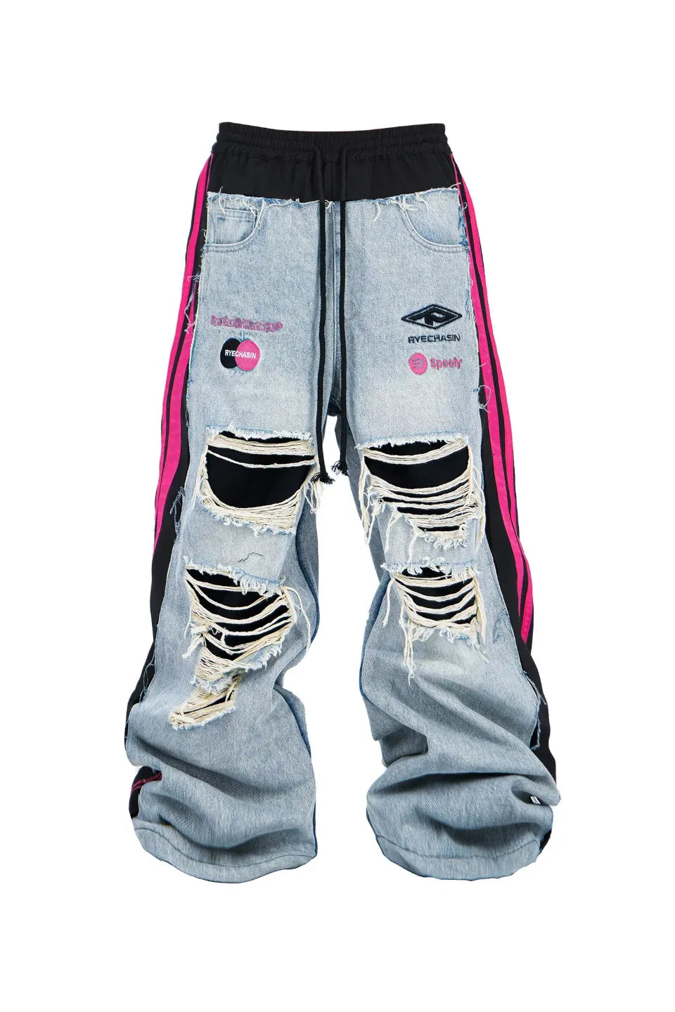 Distressed Pink Stripe Layered Denim