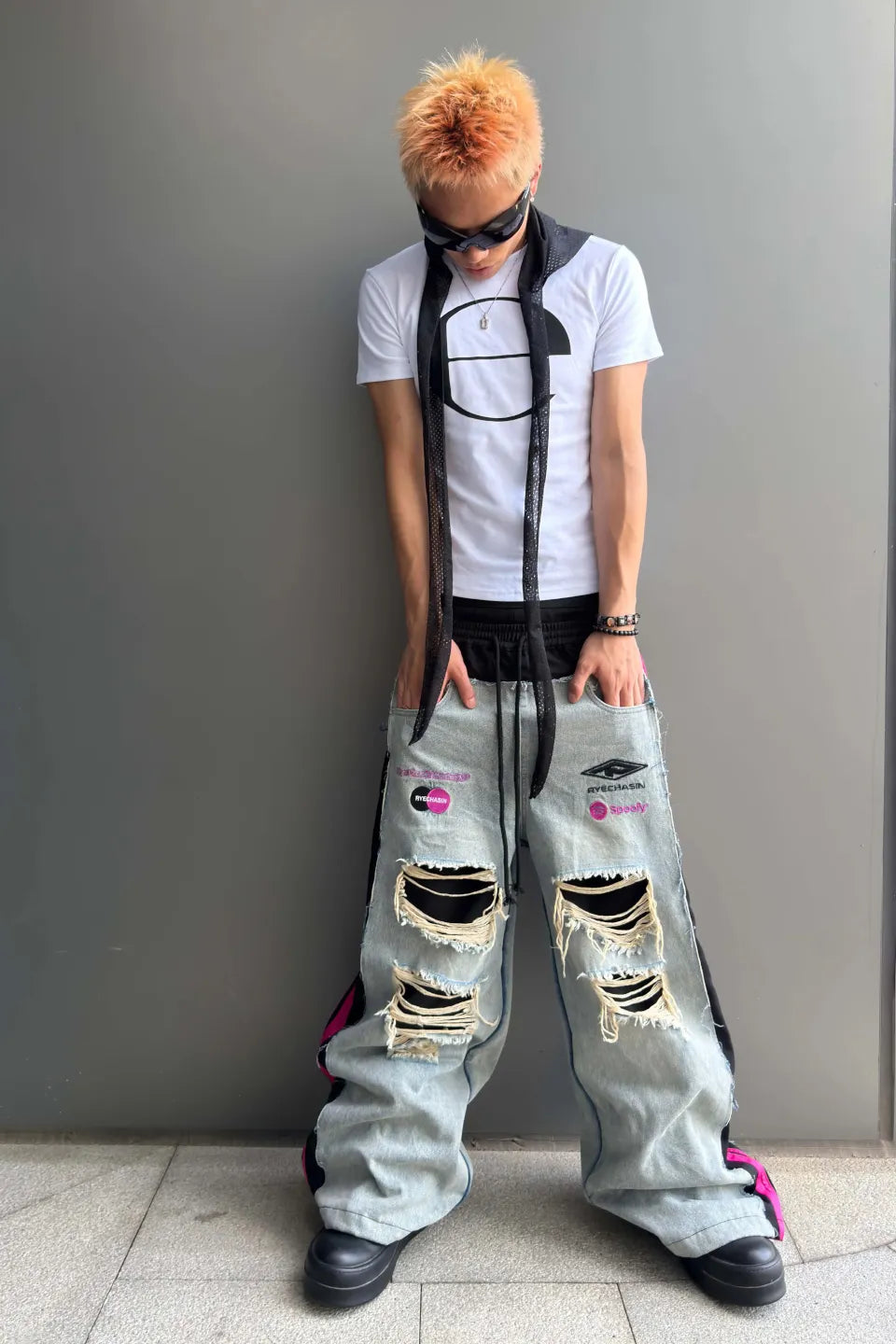 Distressed Pink Stripe Layered Denim