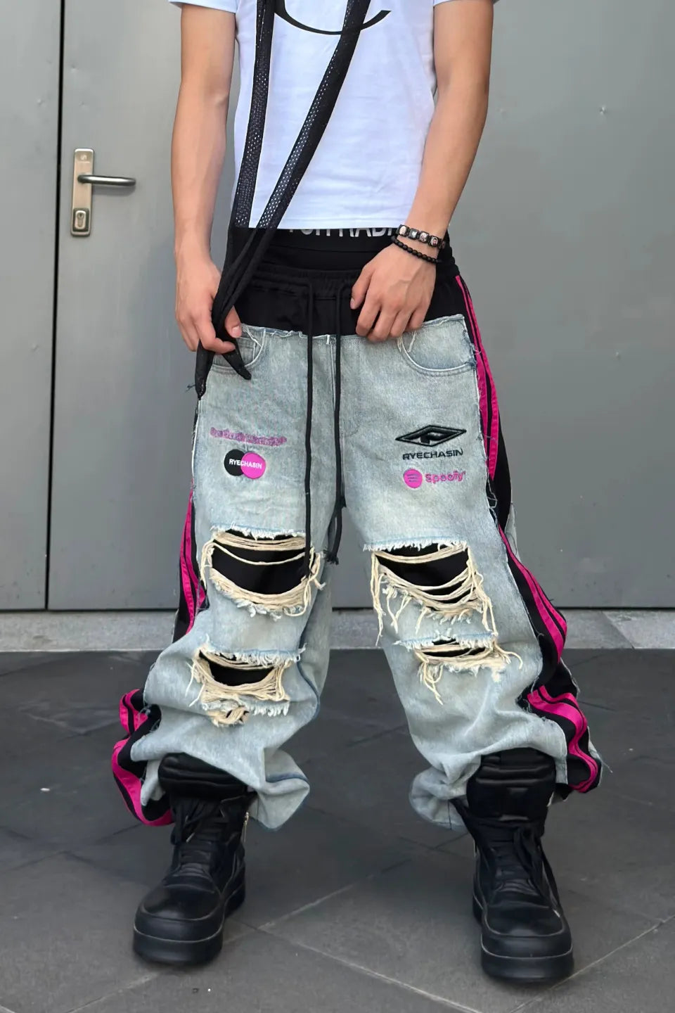 Distressed Pink Stripe Layered Denim