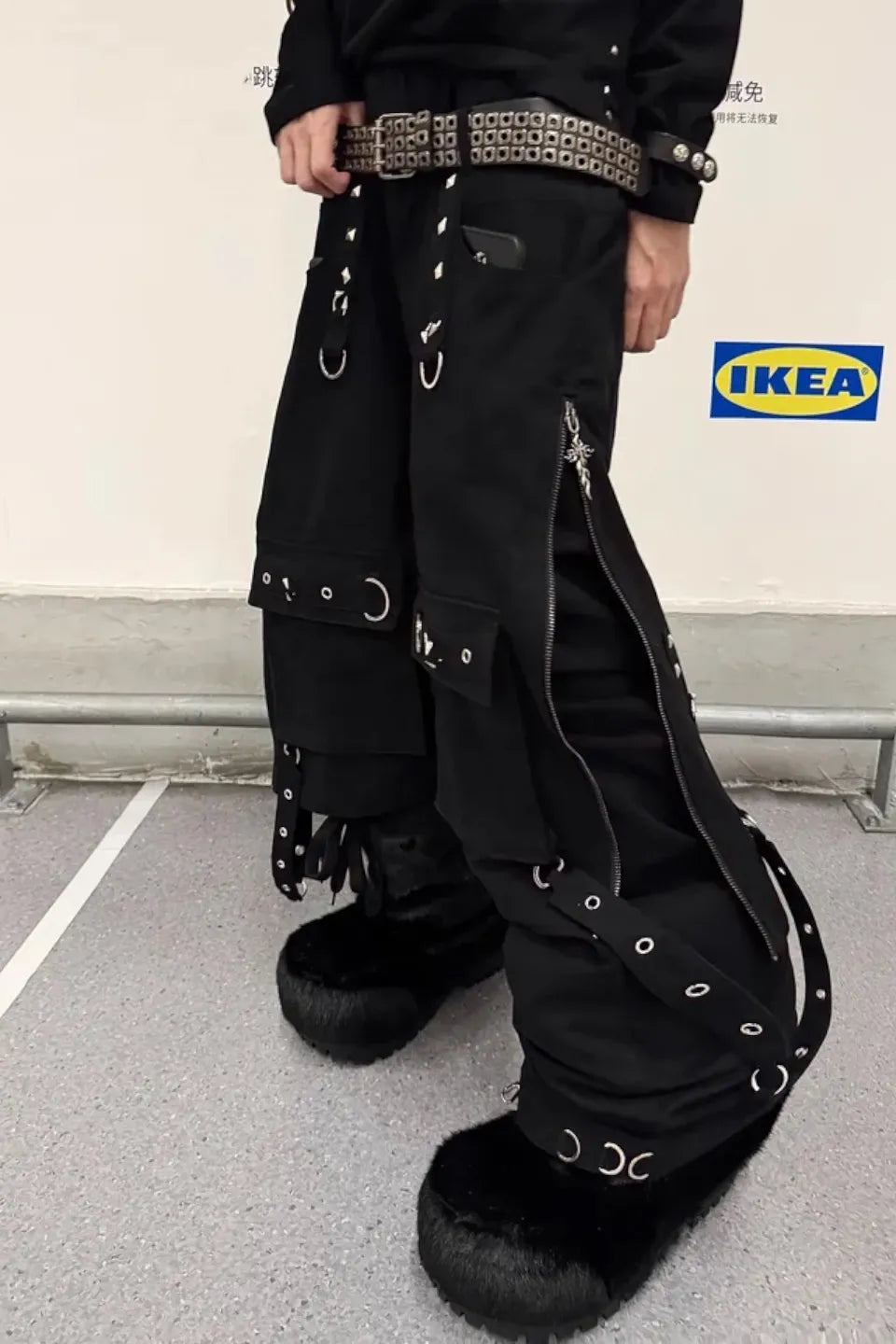 Double Layered Tie Up Cargo Pants with Studs & Chain