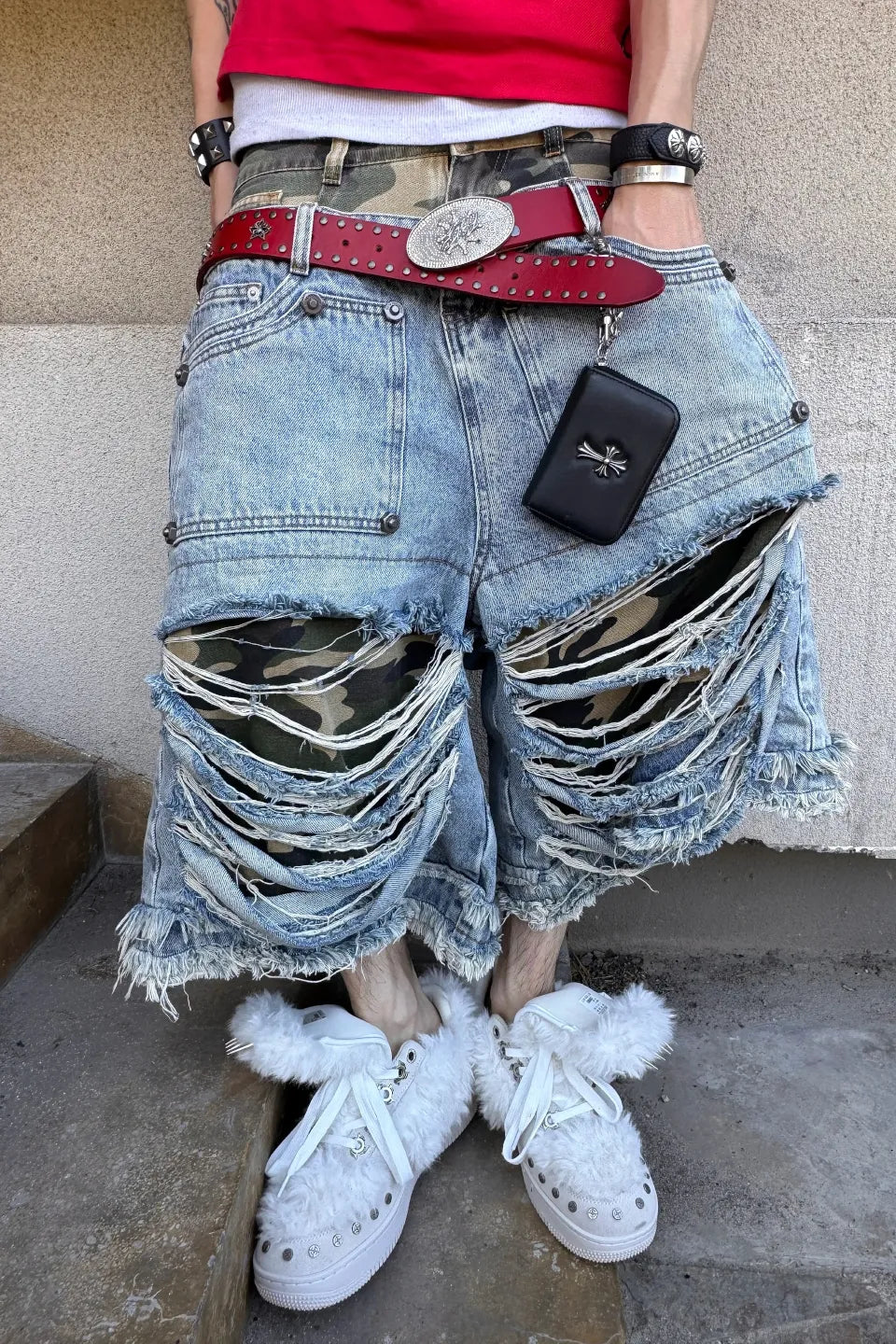 Double Waistband Extreme Distressed Shorts