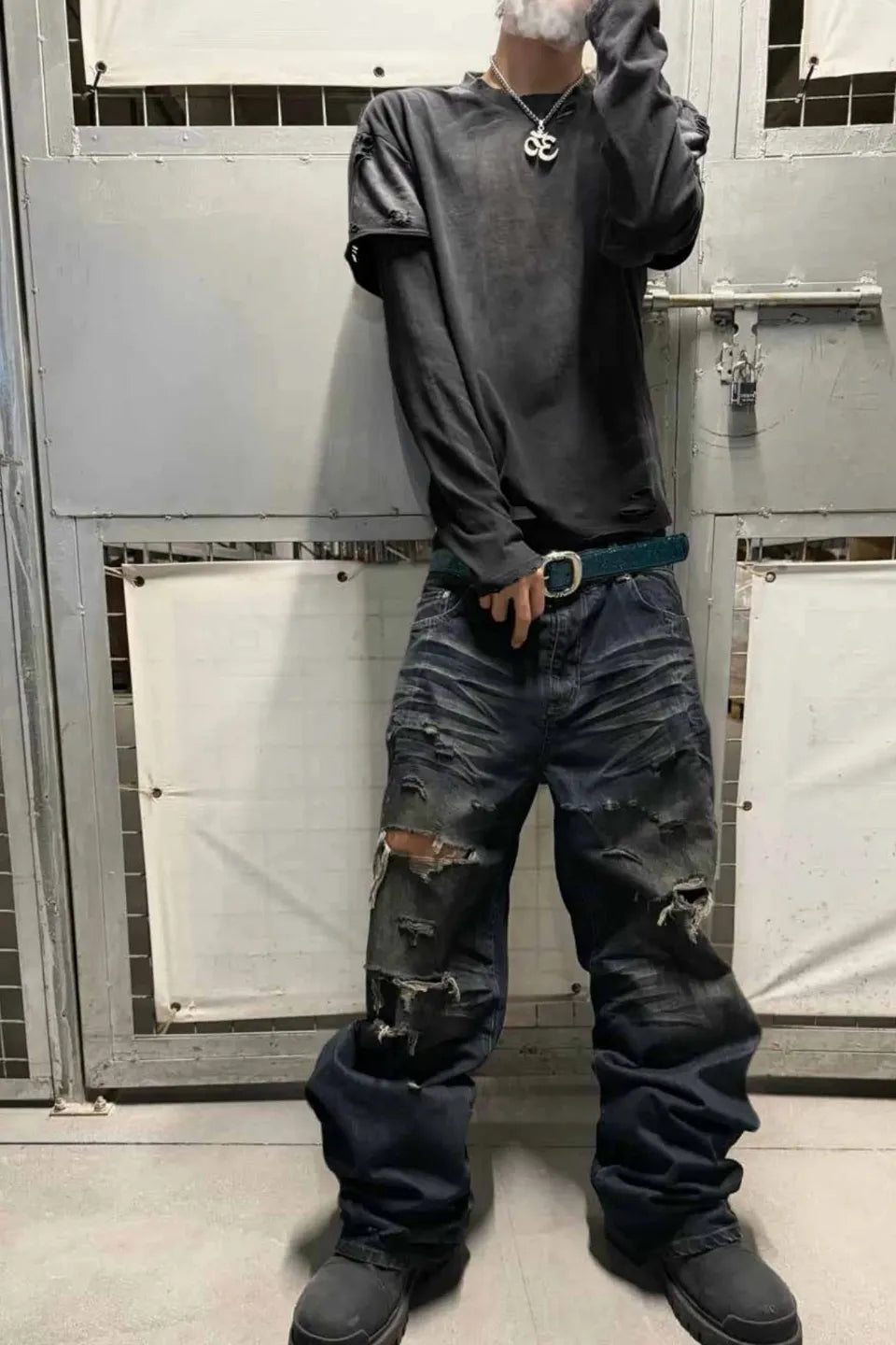 Faded Indigo Crinkled Splattered Straight Jeans