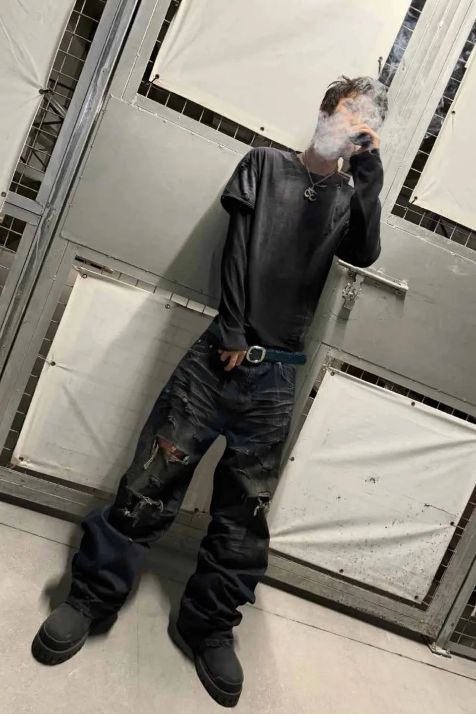 Faded Indigo Crinkled Splattered Straight Jeans