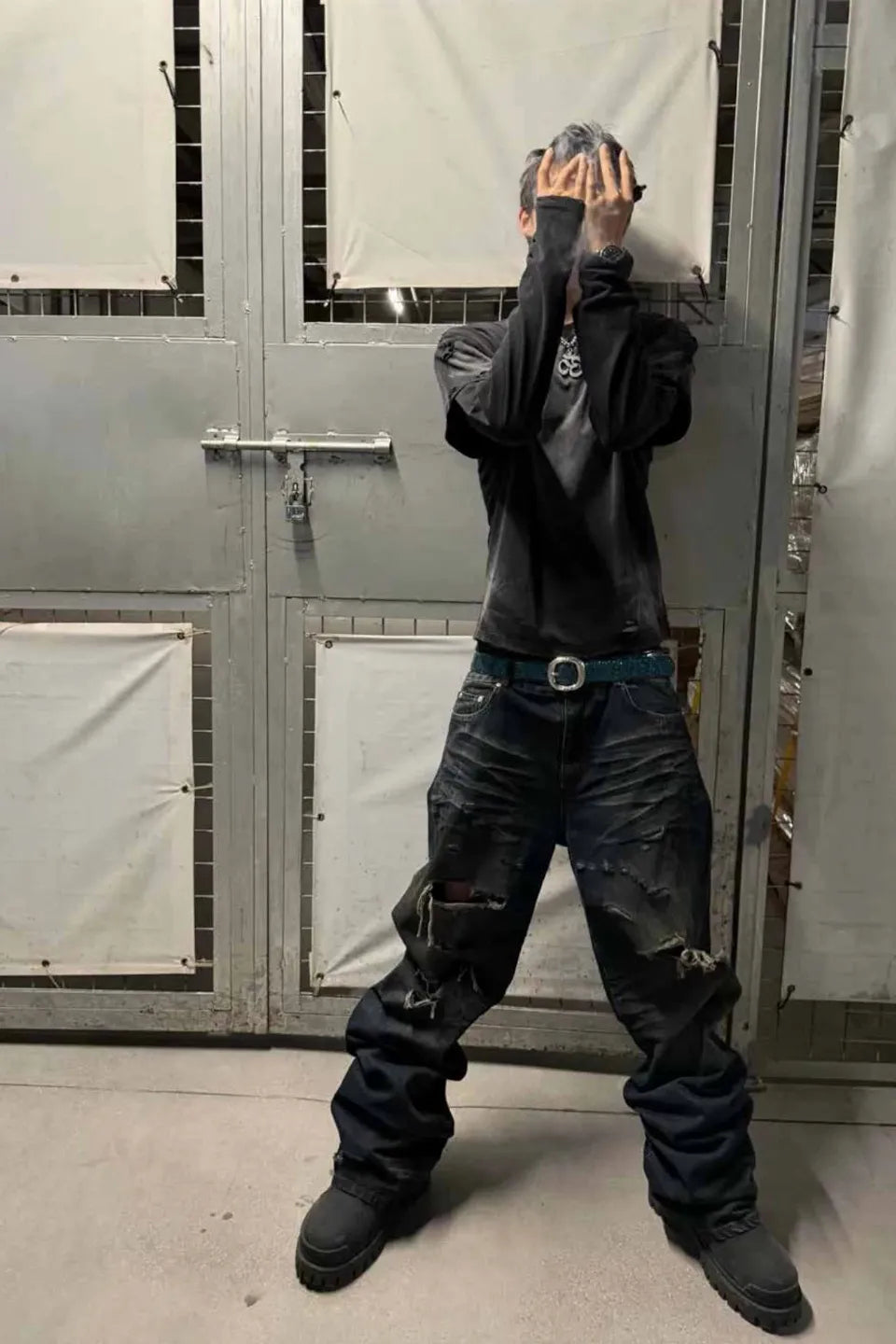 Faded Indigo Crinkled Splattered Straight Jeans