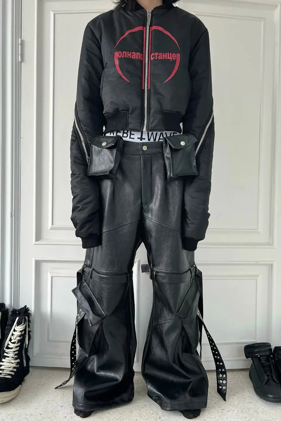Double Waist Bag Structured Leather Pants