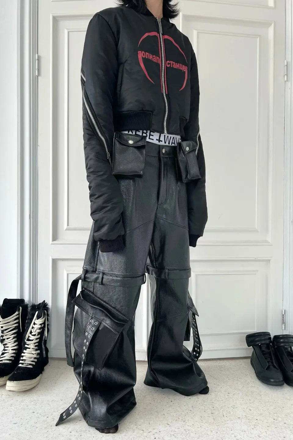 Double Waist Bag Structured Leather Pants