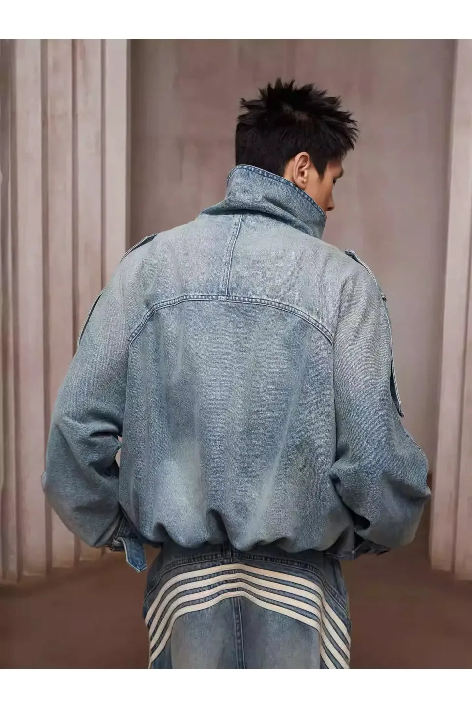 Duty Washed Distressed Double Breasted Short Wide Denim Jacket